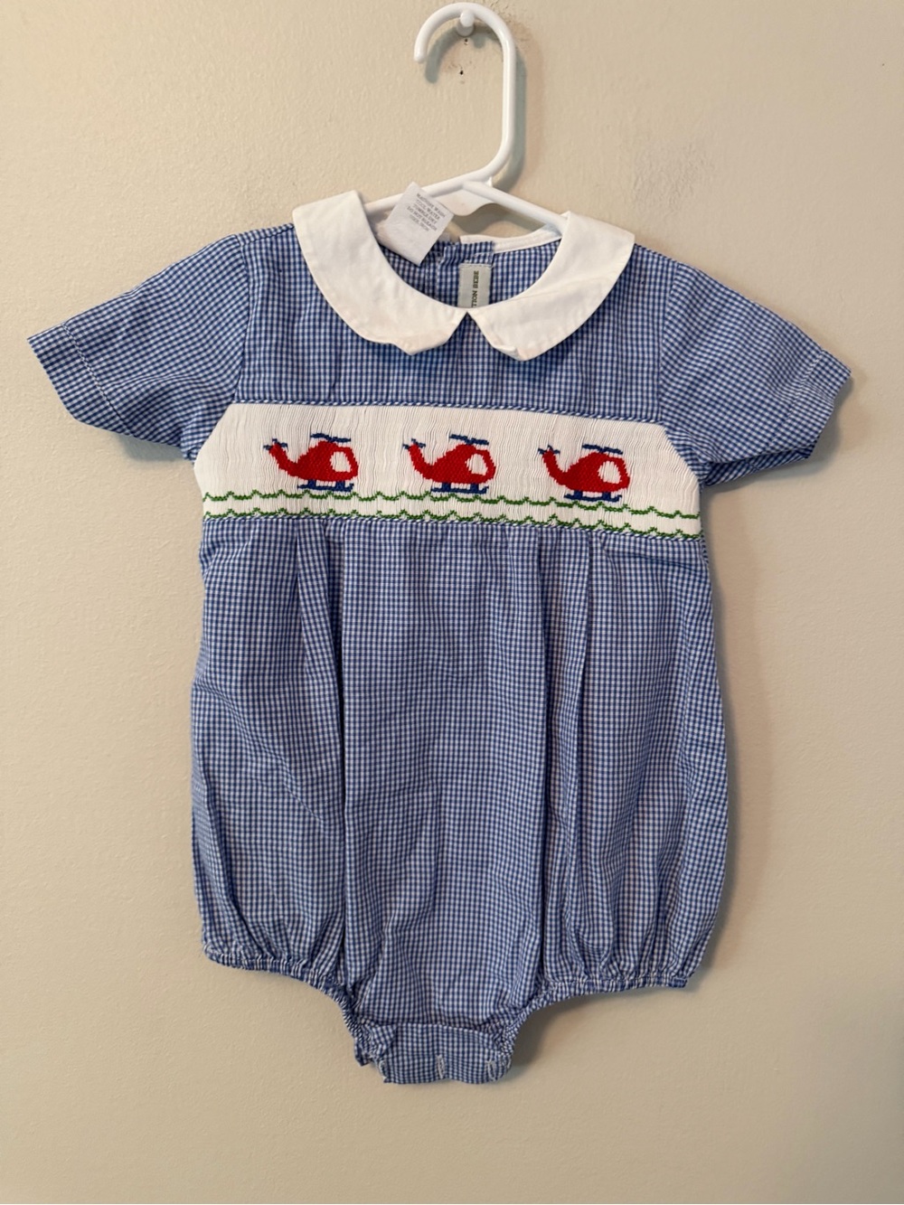 Collection Bebe Blue Gingham Baby Bubble with Red Helicopter Smocking